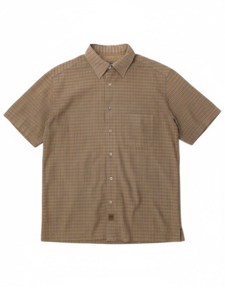 Think Różowa męska koszula z krótkim rękawem w średnią beżową kratkę