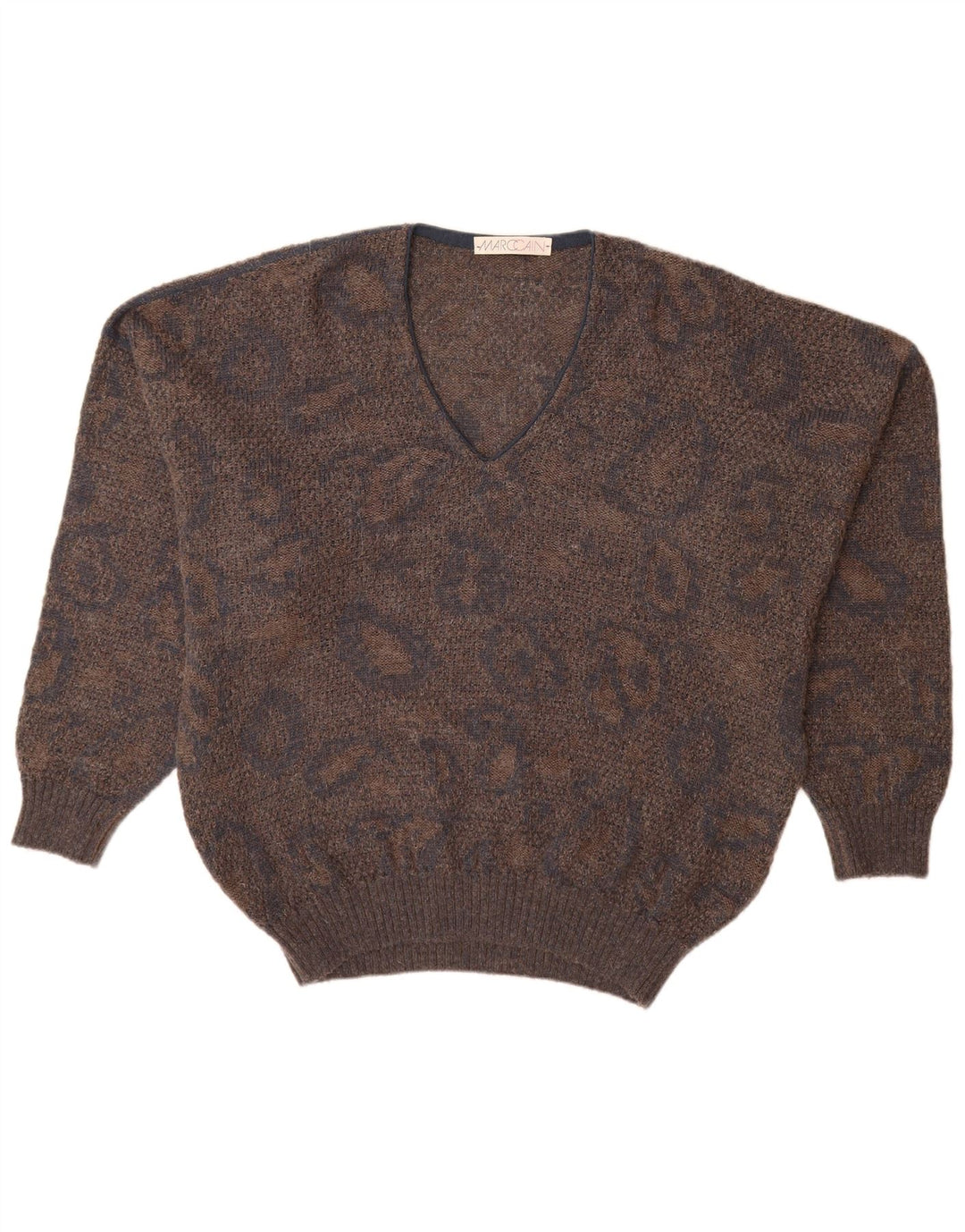 MARCCAIN Męski sweter z dekoltem w kształcie litery V, XL, brązowa, geometryczna wełna