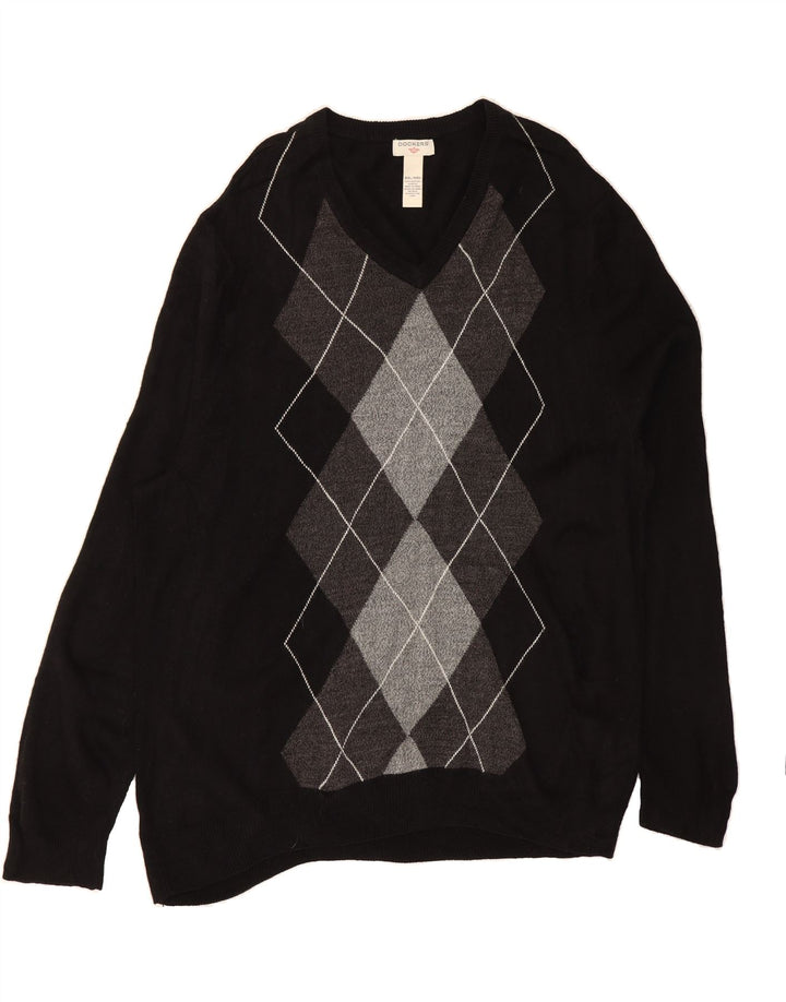 DOCKERS Mens V-Neck Jumper Sweater 2XL Black Argyle/Diamond Acrylic Vintage Dockers and Second-Hand Dockers from Messina Hembry 