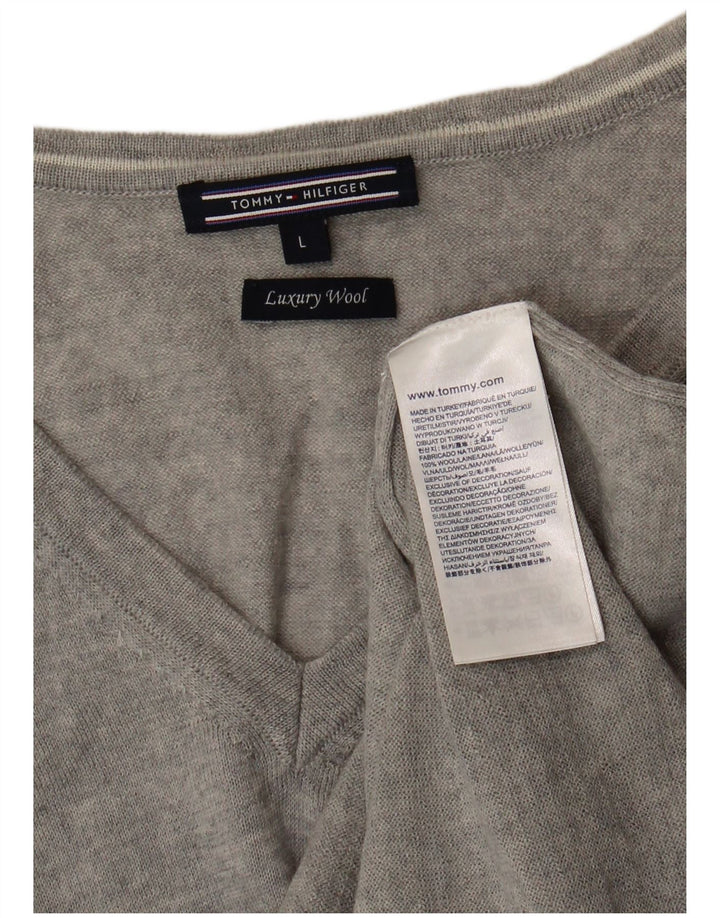 Sweter damski Tommy Hilfiger z dekoltem w kształcie litery V, UK 14, duży, szary, wełniany