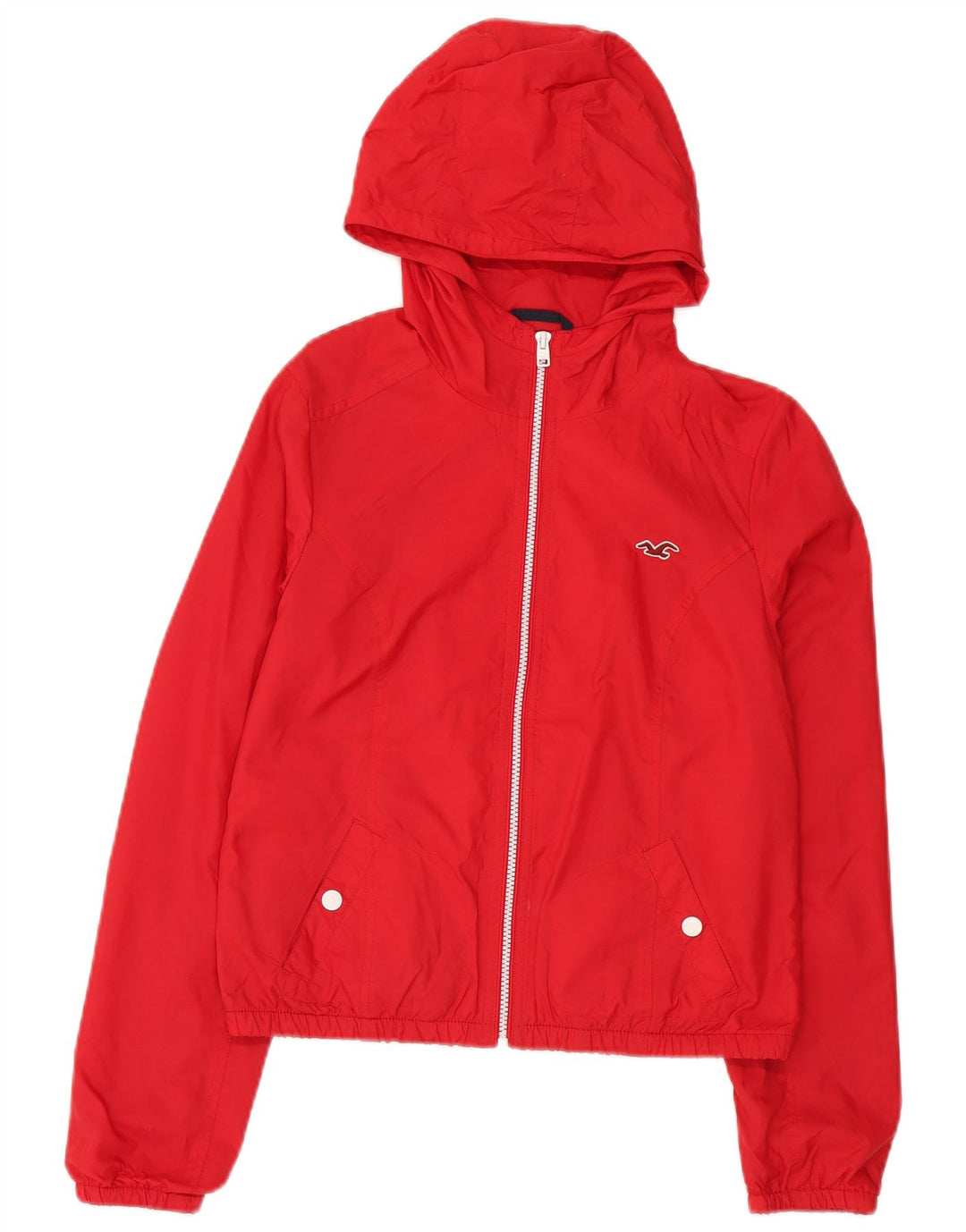 Damska kurtka przeciwdeszczowa z kapturem Hollister UK 12, nylon w kolorze średnio czerwonym