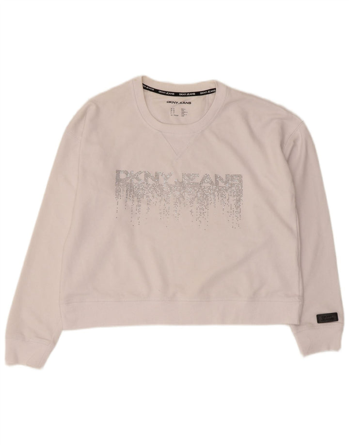 Damska bluza Dkny Crop Graphic Jumper UK 14 Średnia biała bawełna
