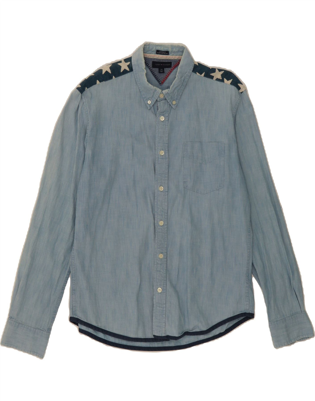 TOMMY HILFIGER Mens Custom Fit Shirt Large Blue Colourblock Cotton Vintage Tommy Hilfiger and Second-Hand Tommy Hilfiger from Messina Hembry 
