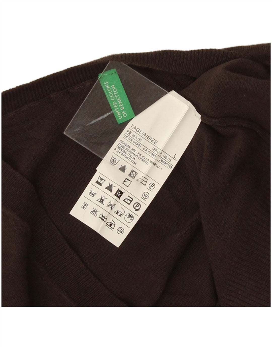 Męski sweter Benetton z dekoltem w kształcie litery V, duży, brązowy, bawełniany