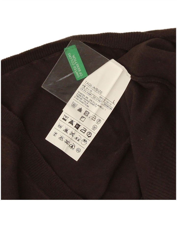 Męski sweter Benetton z dekoltem w kształcie litery V, duży, brązowy, bawełniany