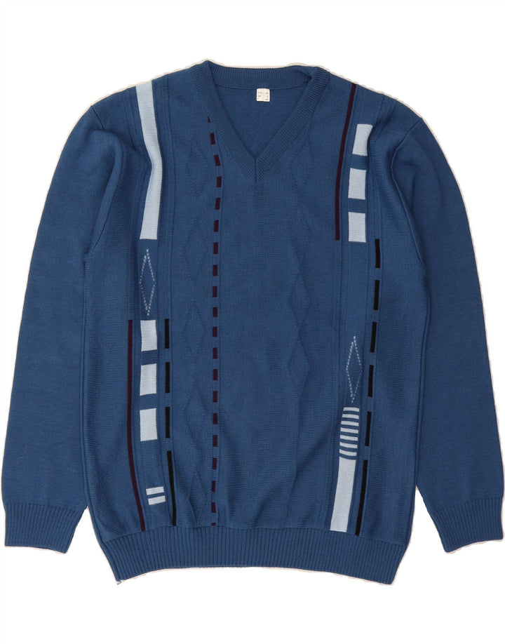VINTAGE Mens V-Neck Jumper Sweater Small Blue Argyle/Diamond Polyacrylic Vintage Vintage and Second-Hand Vintage from Messina Hembry 