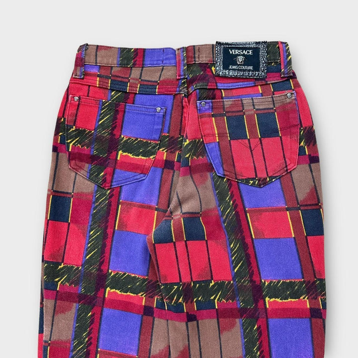 Wzorzyste spodnie jeansowe Vintage Versace, talia 27”.
