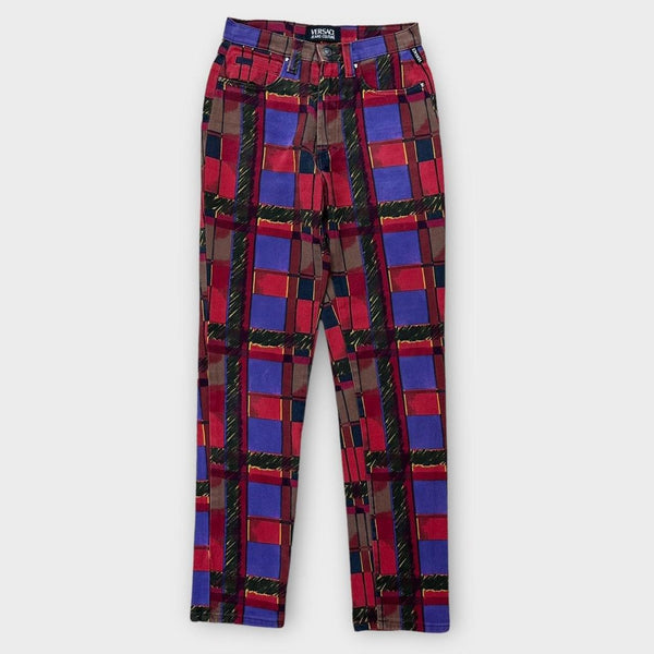 Wzorzyste spodnie jeansowe Vintage Versace, talia 27”.