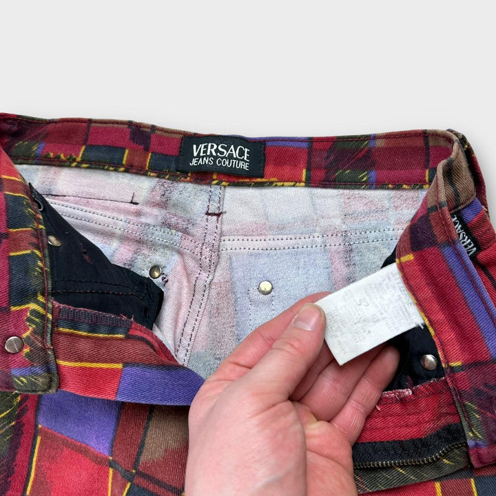 Wzorzyste spodnie jeansowe Vintage Versace, talia 27”.