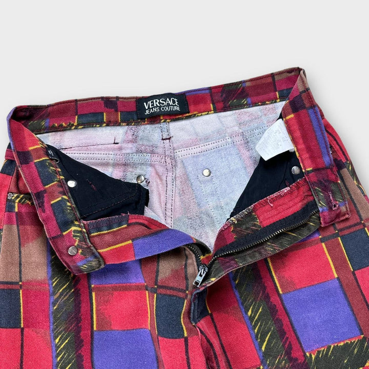 Wzorzyste spodnie jeansowe Vintage Versace, talia 27”.