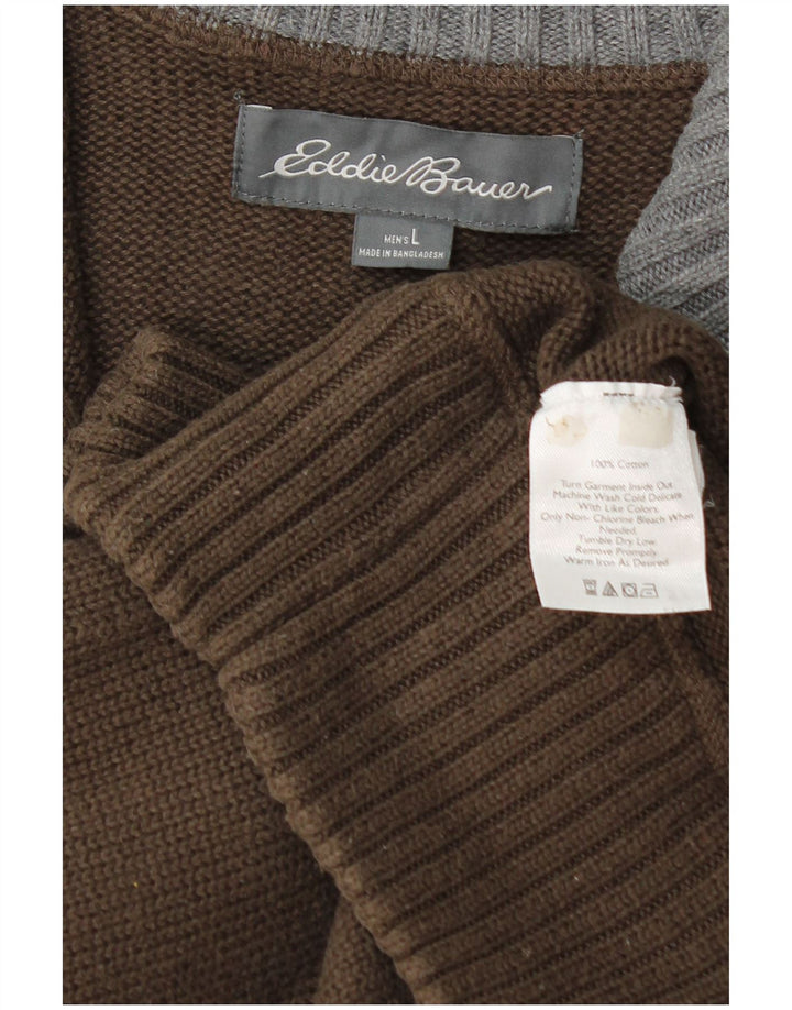 EDDIE BAUER Męski sweter zapinany na zamek, duży, brązowy, bawełniany