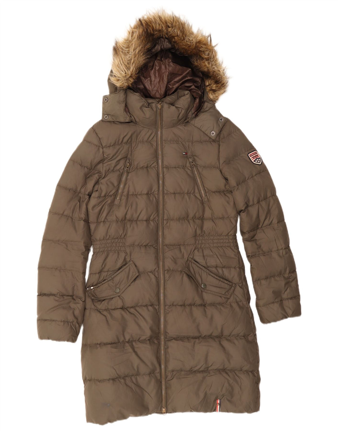 Damski ocieplany płaszcz z kapturem Tommy Hilfiger UK 10, mały, khaki, poliester