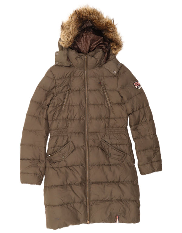 Damski ocieplany płaszcz z kapturem Tommy Hilfiger UK 10, mały, khaki, poliester