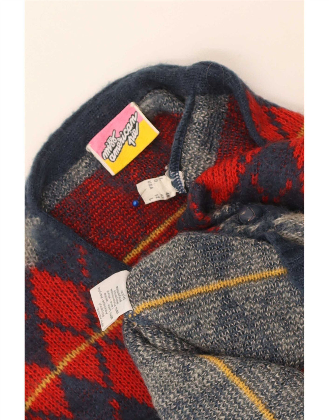 Vintage damski sweter rozpinany US 12, duży granatowy Argyle/diament