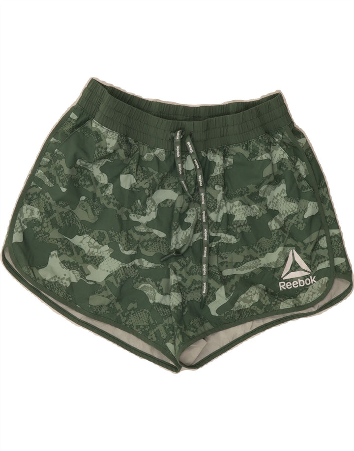 REEBOK Womens Sport Shorts UK 14 Large  Green Camouflage Polyester Vintage Reebok and Second-Hand Reebok from Messina Hembry 