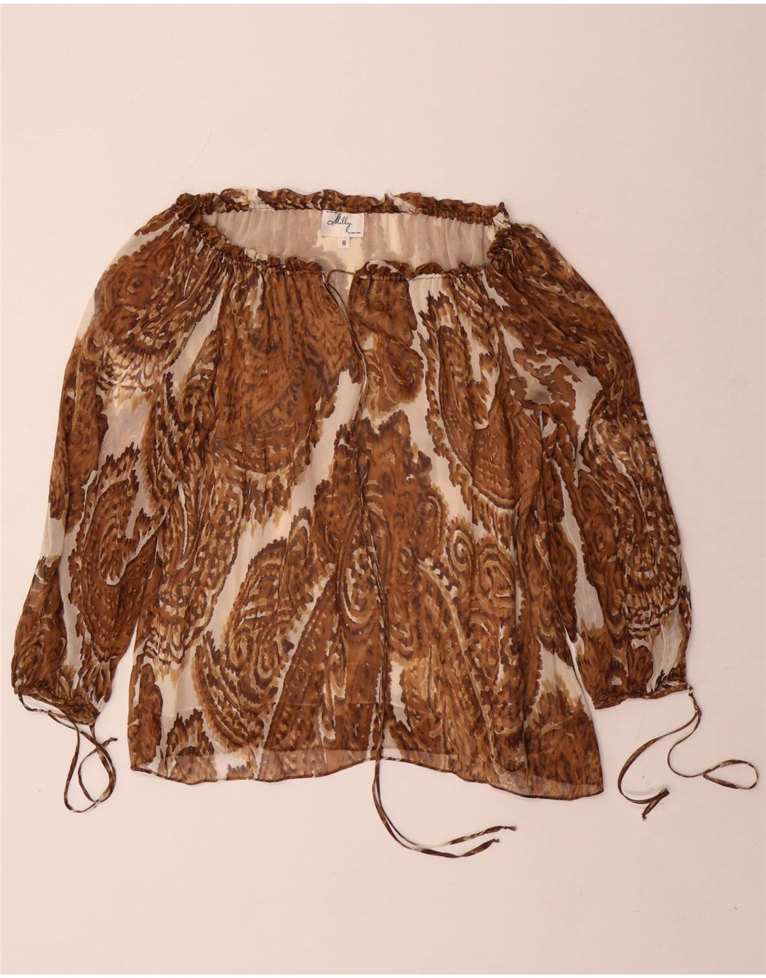 Damski top Milly z rękawami 3/4 i odkrytymi ramionami US 8, średni brązowy jedwab Paisley