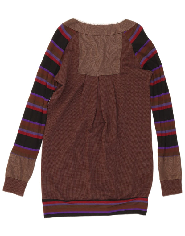 Vintage damski sweter rozpinany o przedłużonym fasonie EU 38, bawełna w średnie brązowe paski