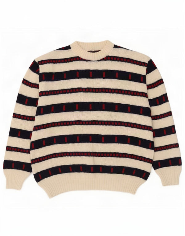 Vintage męski sweter z wycięciem pod szyją, duży, w białe paski