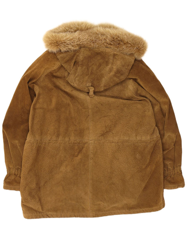Vintage damski, oversize'owy, zamszowy płaszcz z kapturem EU 44 XL, beżowy