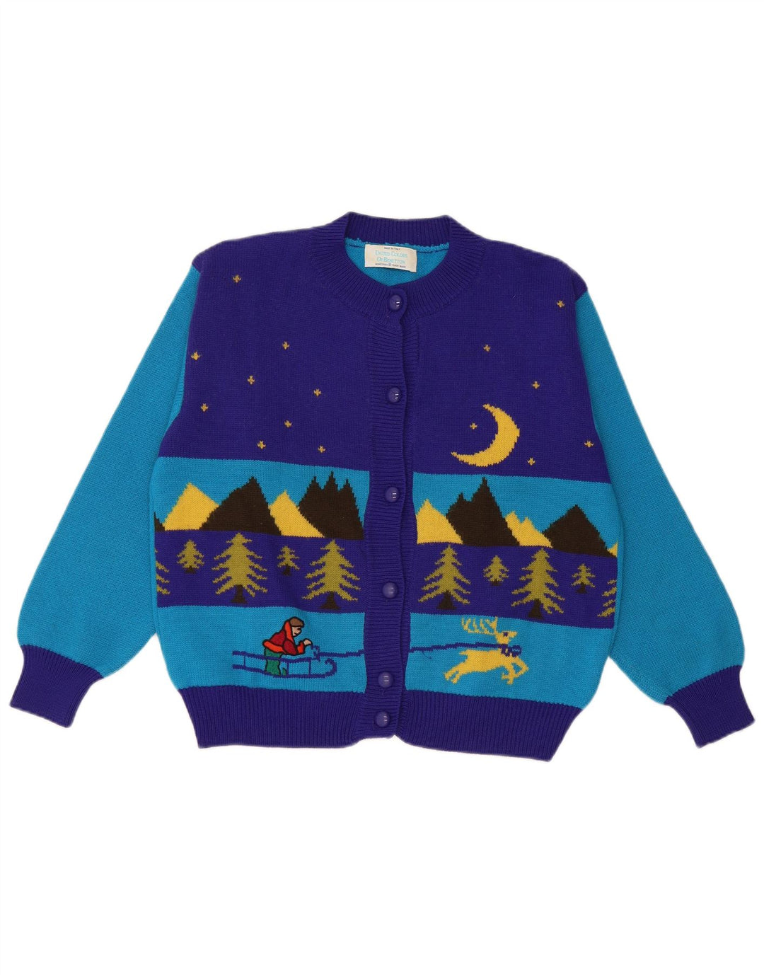 Damski sweter zimowy Benetton Crop IT 48 XL, niebieska wełna z blokami kolorów