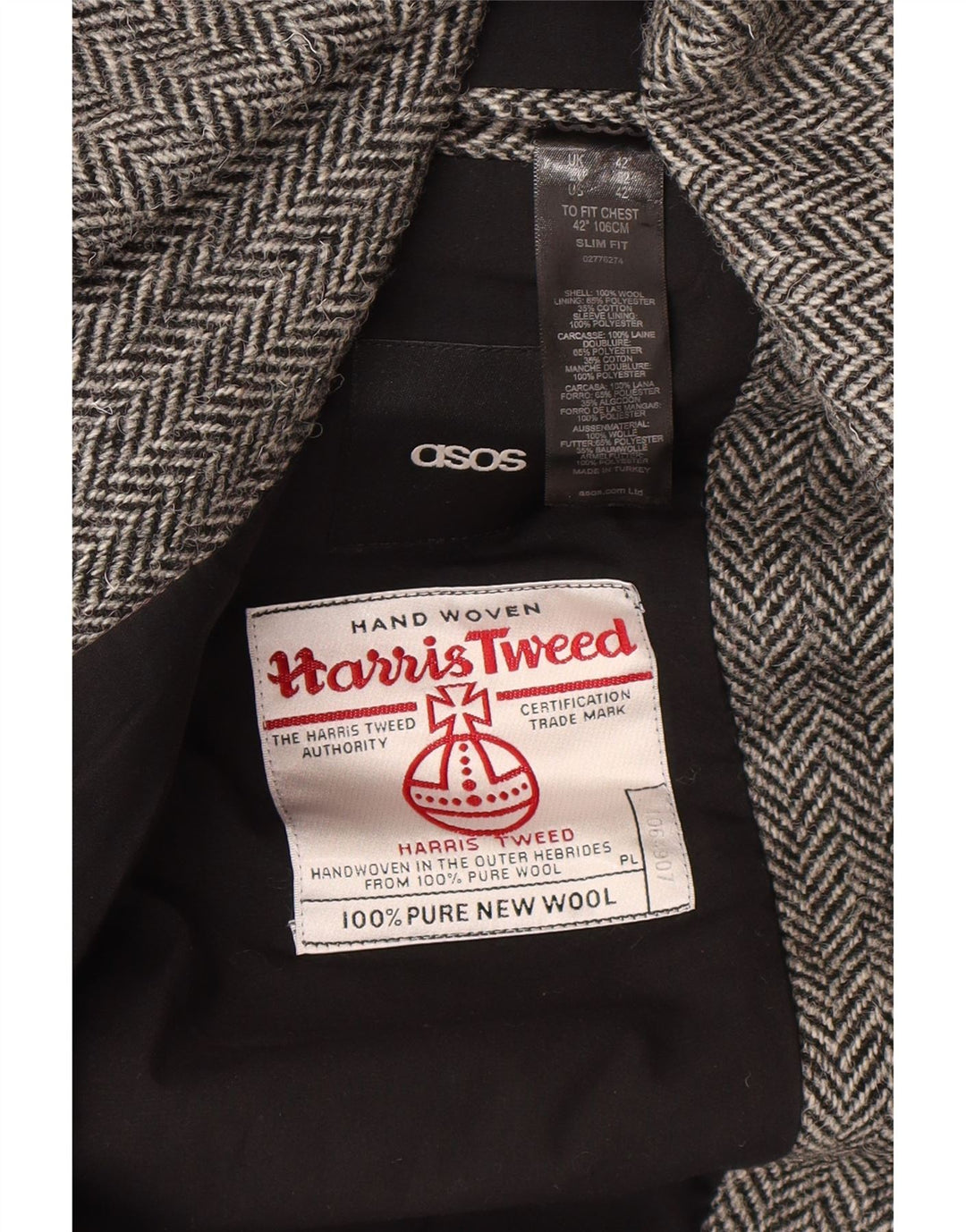 Męska marynarka slim fit Asos Harris Tweed UK 42 XL, szara jodełka