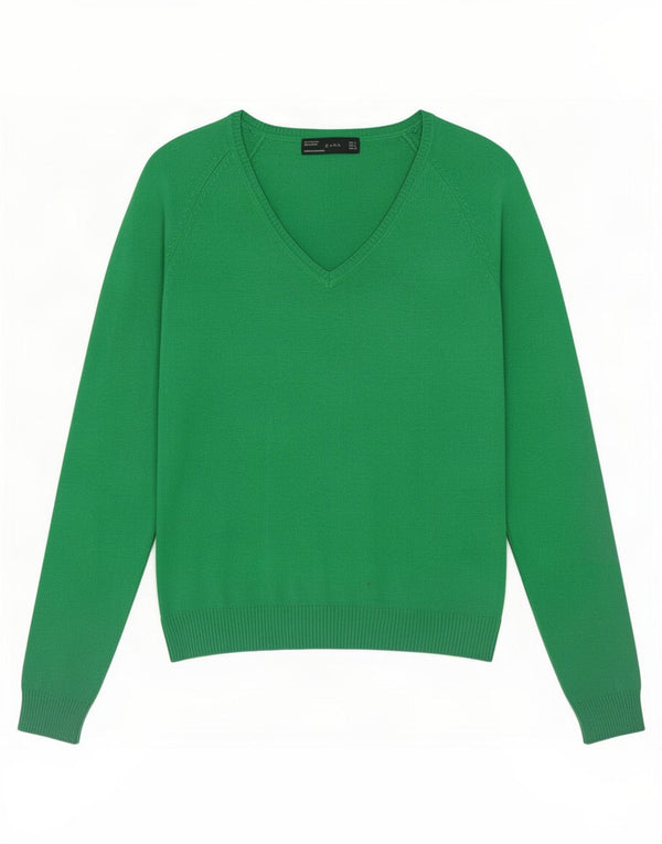 Sweter damski Zara z dekoltem w kształcie litery V, UK 14, duży, zielony, bawełniany