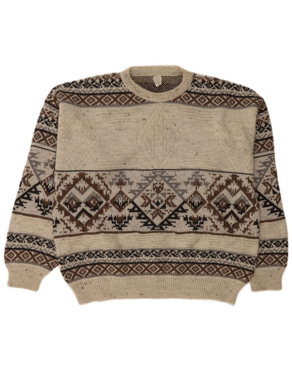 Vintage męski sweter z okrągłym dekoltem IT 48/50 średni biały Fair Isle