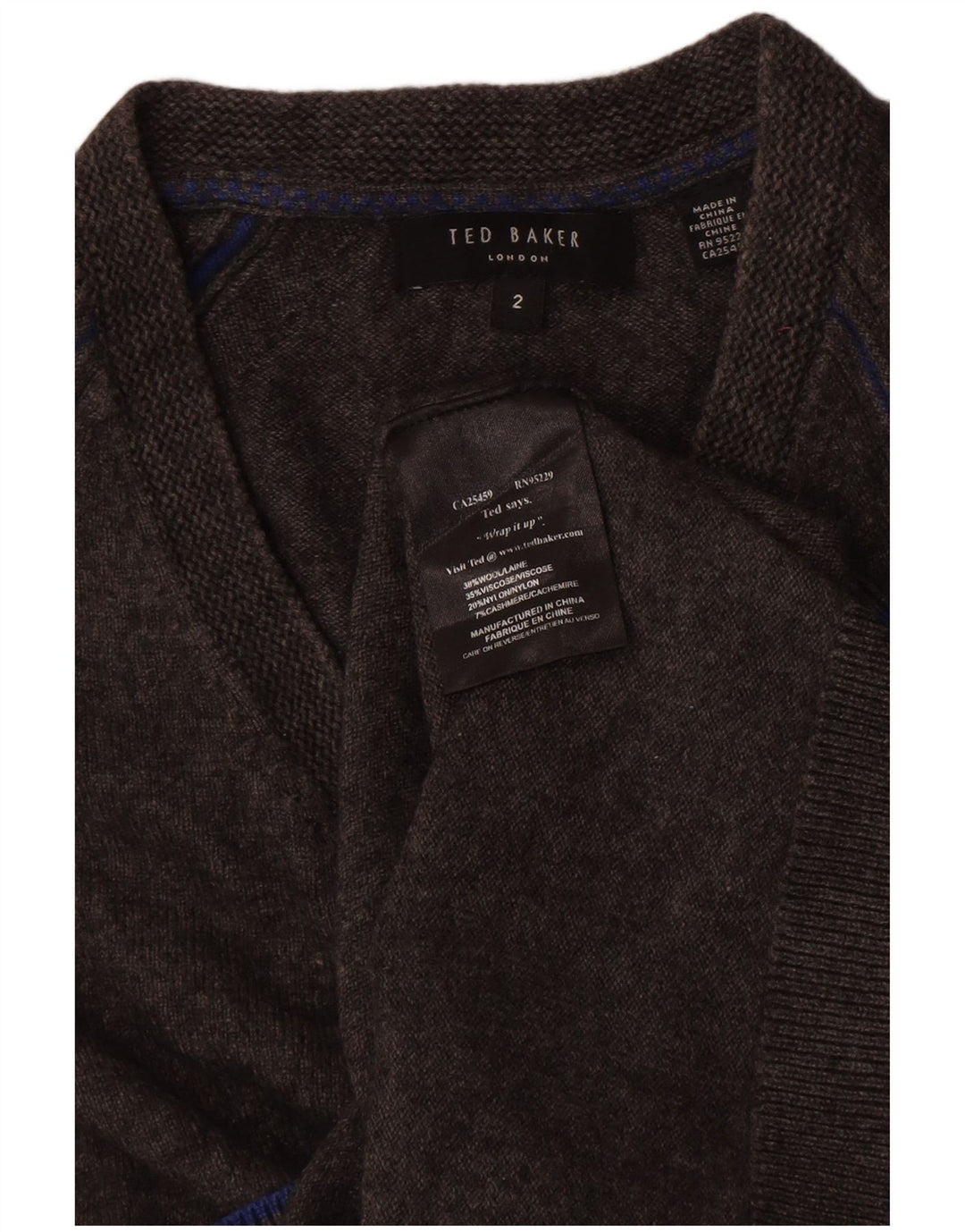 Męski sweter Ted Baker z dekoltem w kształcie litery V, rozmiar 2, mały, szary, wełniany