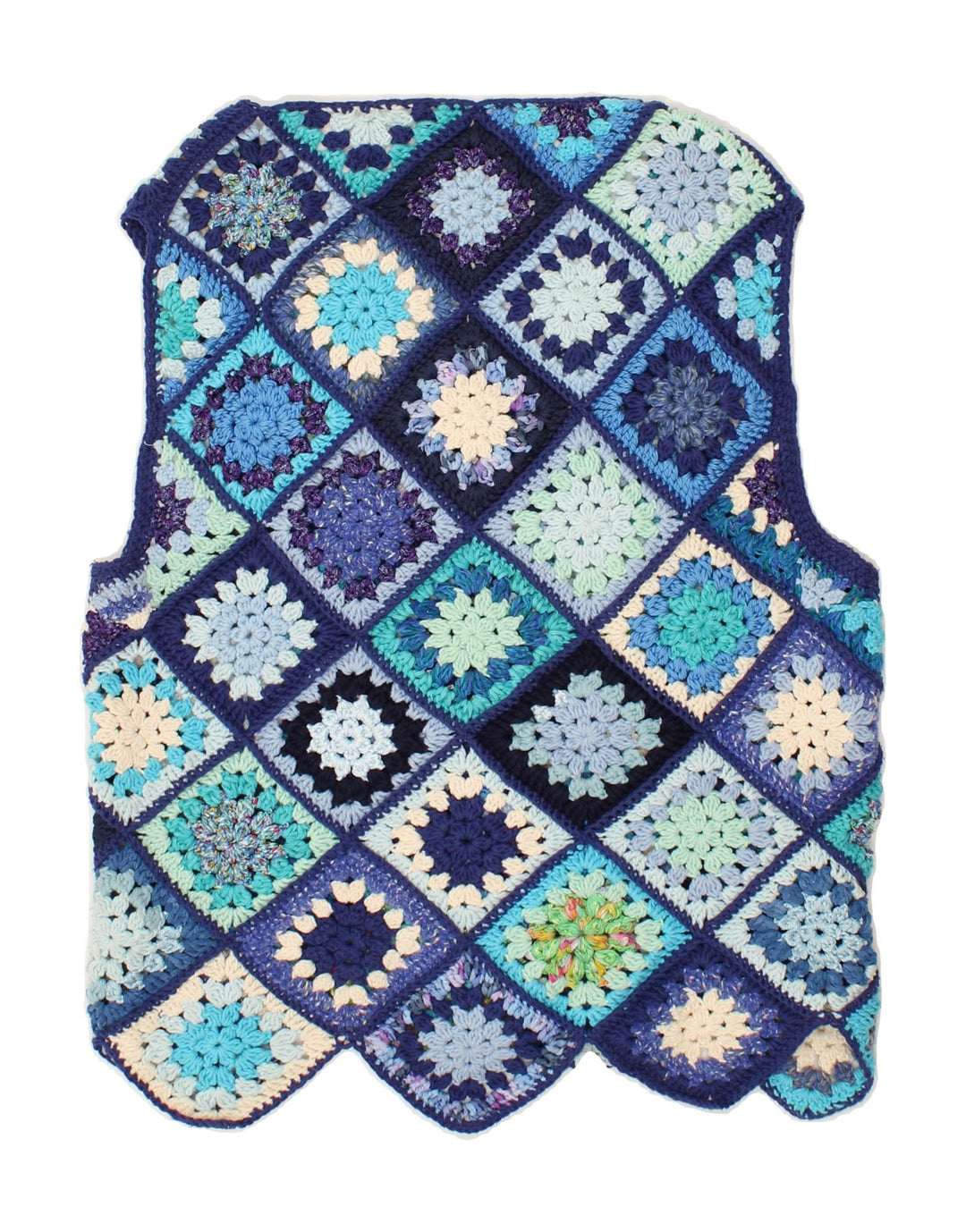 VINTAGE Womens Sleeveless Cardigan Sweater UK 16 Large Blue Patchwork Vintage Vintage and Second-Hand Vintage from Messina Hembry 