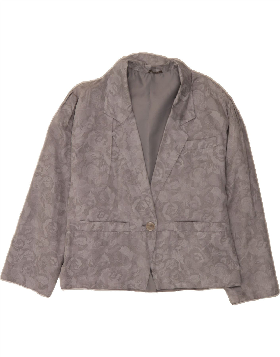VINTAGE Womens 1 Button Blazer Jacket UK 12 Medium Grey Floral Viscose Vintage Vintage and Second-Hand Vintage from Messina Hembry 