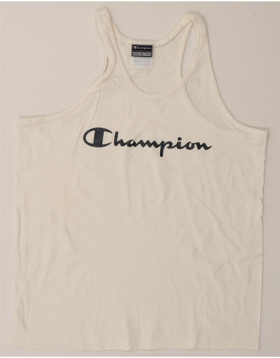 CHAMPION Womens Graphic Vest Top UK 14 Large White Cotton Vintage Champion and Second-Hand Champion from Messina Hembry 