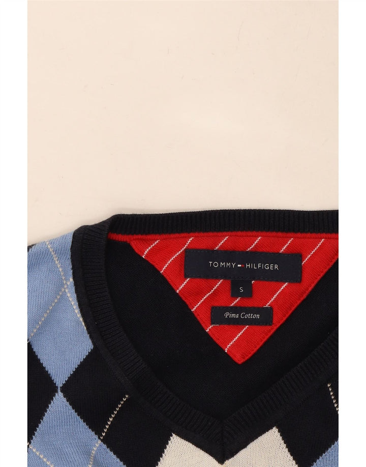 TOMMY HILFIGER Mens V-Neck Jumper Sweater Small Navy Blue Argyle/Diamond