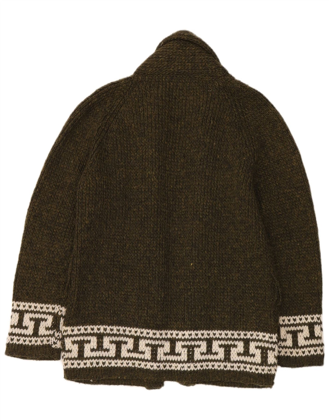 Vintage damski sweter rozpinany UK 14, średni khaki, geometryczna wełna