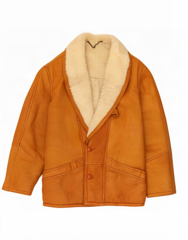 Męska kurtka shearling w stylu vintage IT 50, duży brązowy blok kolorów