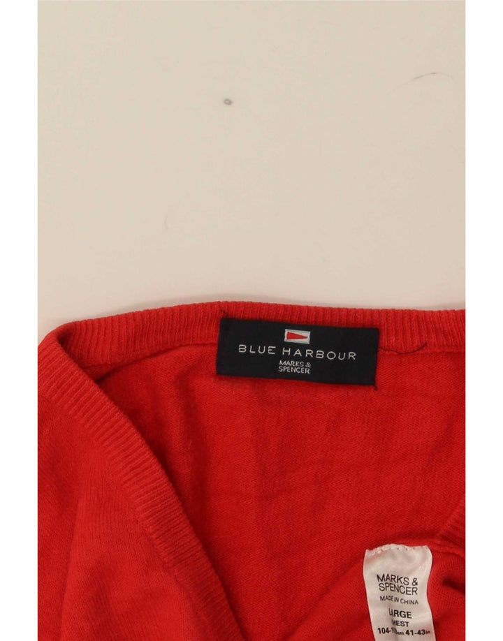 Marks & Spencer Męski sweter w kolorze niebieskim Harbor z dekoltem w kształcie litery V, duży, czerwony, akrylowy