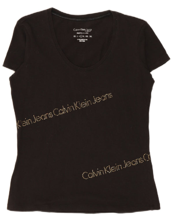 Damska koszulka graficzna Calvin Klein Jeans Top UK 14, duża, czarna bawełna