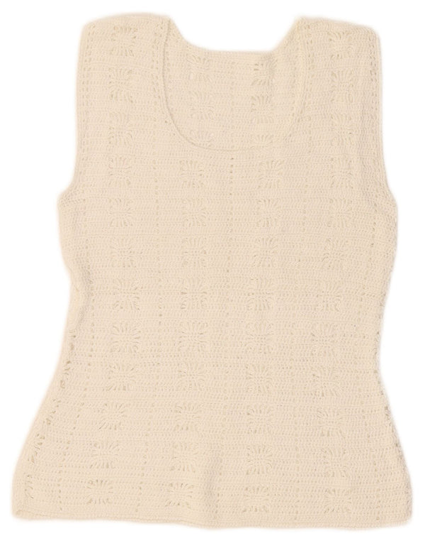 Vintage damski podkoszulek z kamizelką na szydełku UK 4 XS w kolorze złamanej bieli