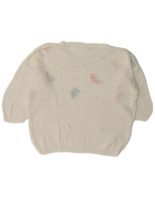 Vintage damski sweter z graficznym dekoltem w łódkę UK 18 XL biały motyl