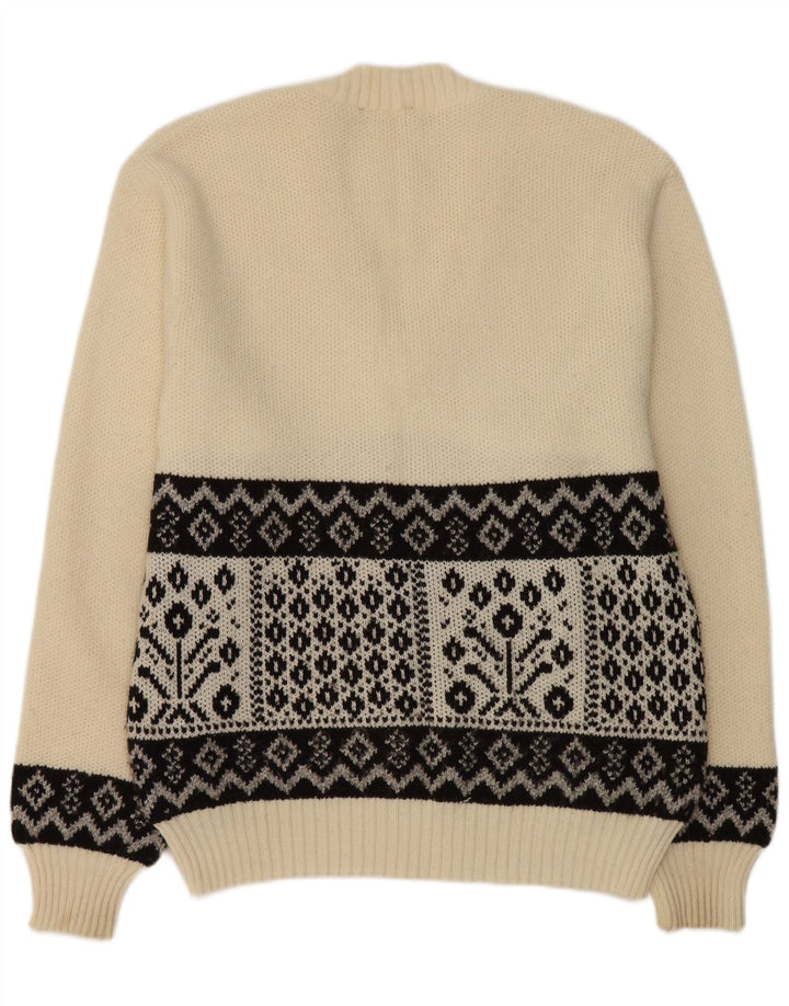 Vintage męski sweter z dekoltem w kształcie litery V, średnio biały, geometryczny