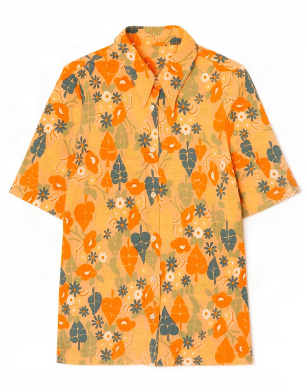 Bluzka damska z krótkim rękawem w stylu vintage, UK 10, mała, pomarańczowa, w kwiaty