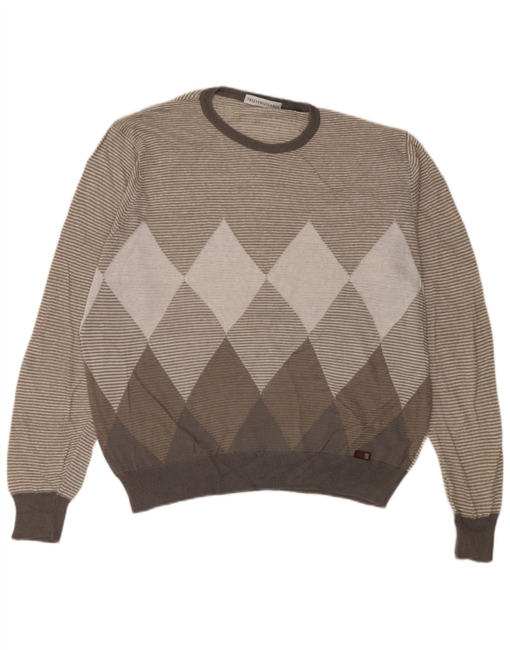 Męski sweter z okrągłym dekoltem Trussardi, duży, szary Argyle/diament