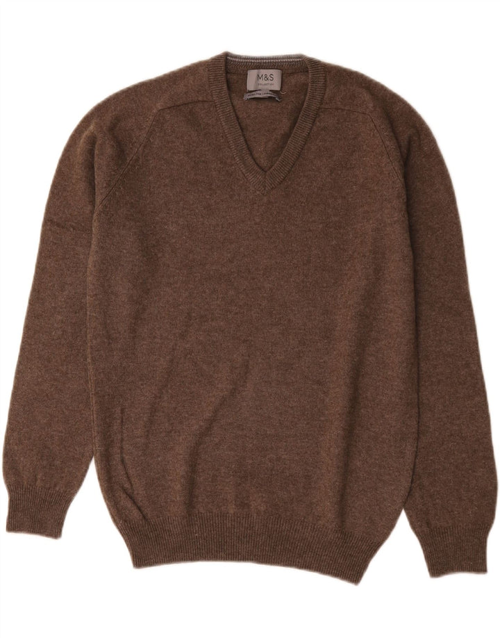 Marks & Spencer Męski sweter z dekoltem w kształcie litery V, mały, brązowy, z owczej wełny