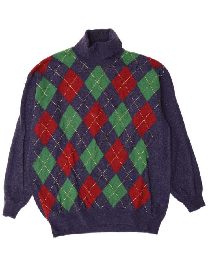 Męski sweter z golfem Benetton XL granatowy Argyle/Diamentowy klasyczny