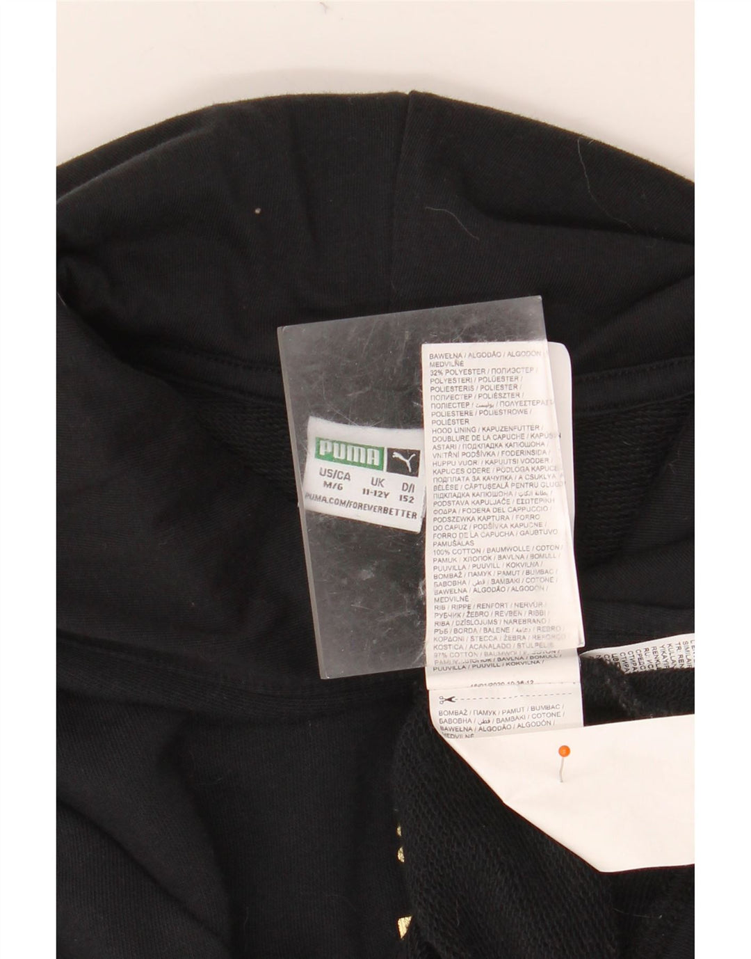 Dziewczęcy sweter z kapturem i grafiką PUMA, 11-12 lat, czarna, bawełniana z blokami kolorów