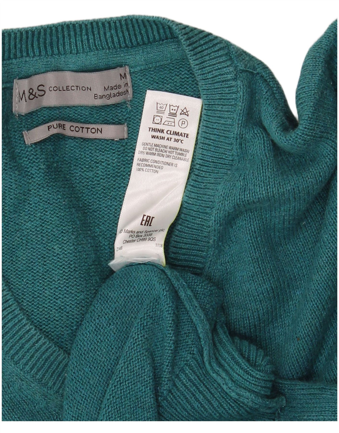 Marks & Spencer Męski sweter z dekoltem w kształcie litery V, średnio zielony, bawełniany