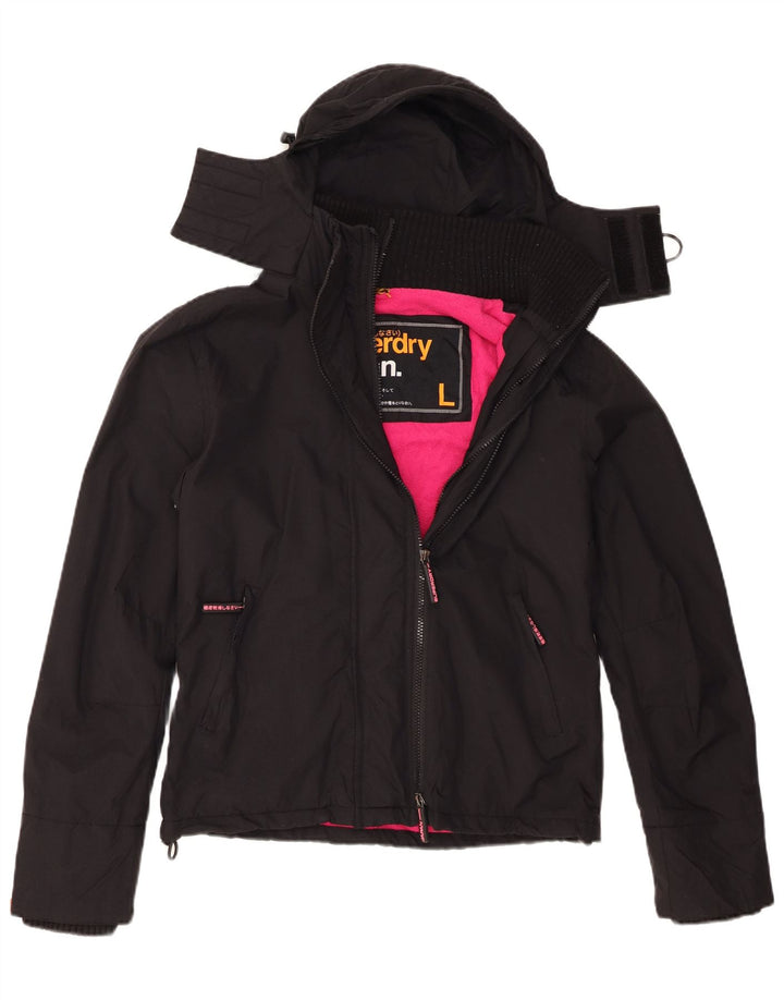 Damska kurtka wiatrówka z kapturem Superdry UK 16, duża, czarna nylonowa