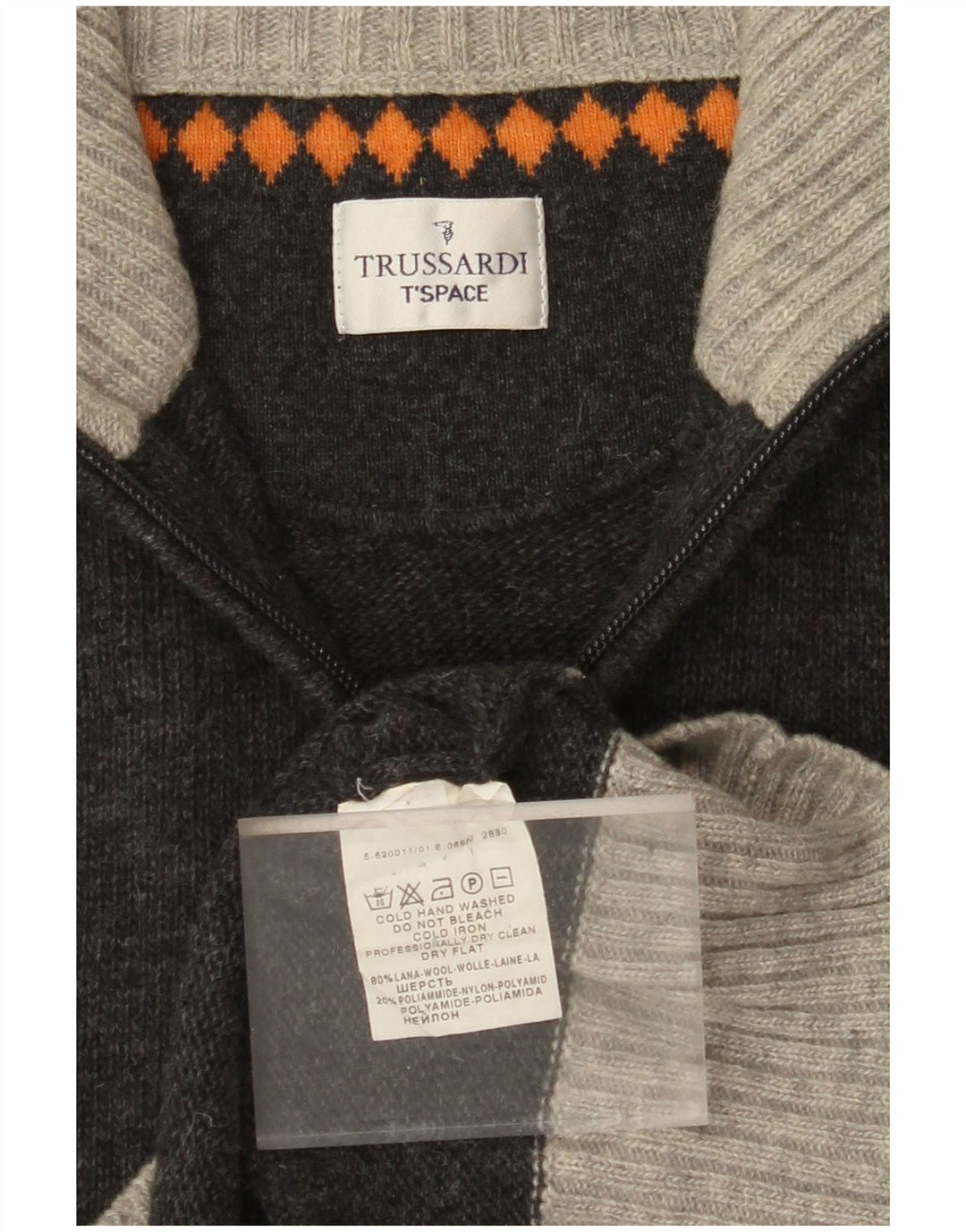 Męski sweter zapinany na zamek TRUSSARDI, średnioszary, wełniany z blokami kolorów