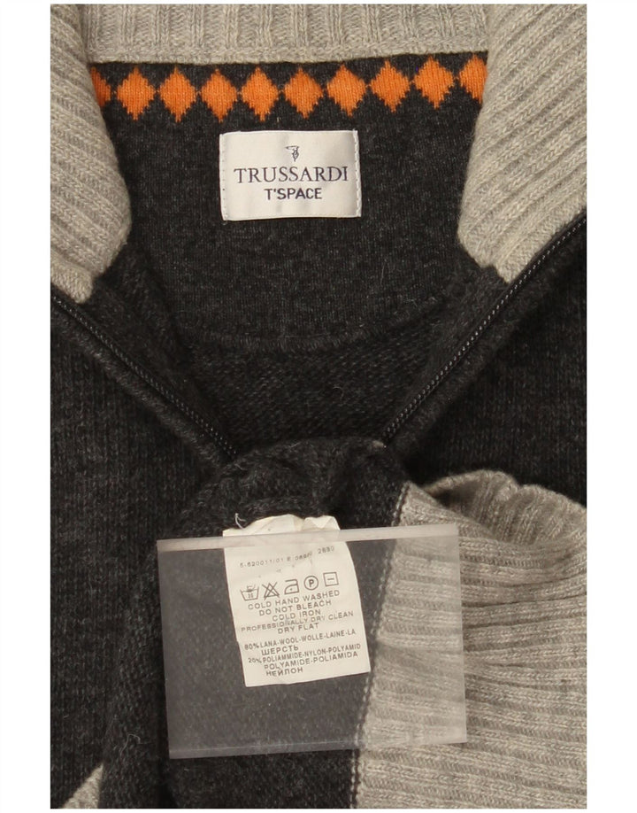 Męski sweter zapinany na zamek TRUSSARDI, średnioszary, wełniany z blokami kolorów