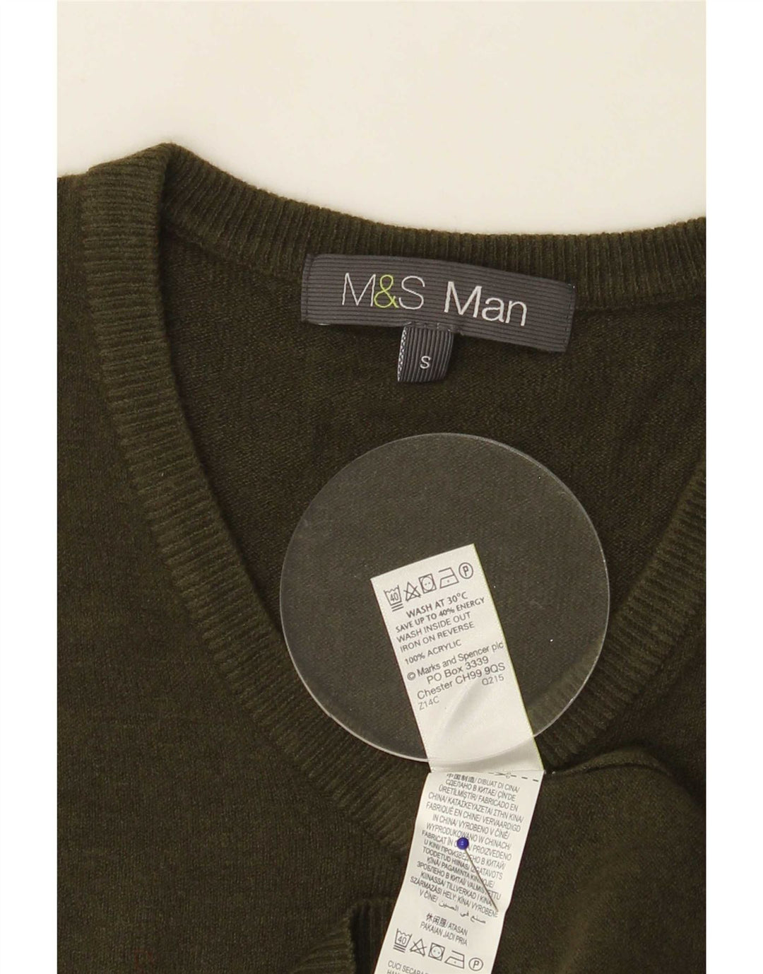 Marks & Spencer Męski sweter z dekoltem w kształcie litery V, mały, khaki, akryl