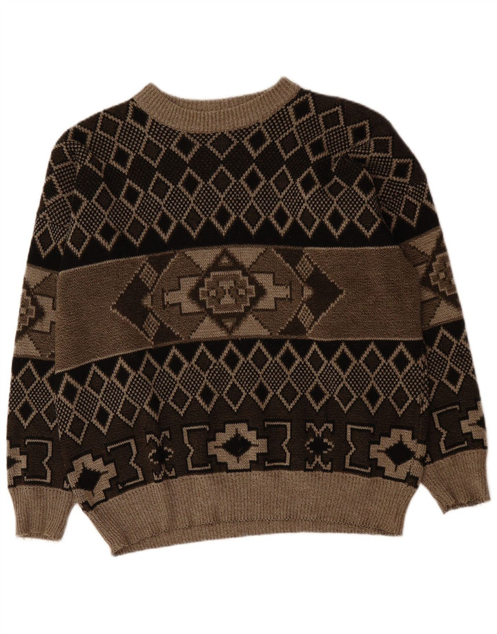 Męski sweter z okrągłym dekoltem w stylu vintage, XL, brązowy Fair Isle